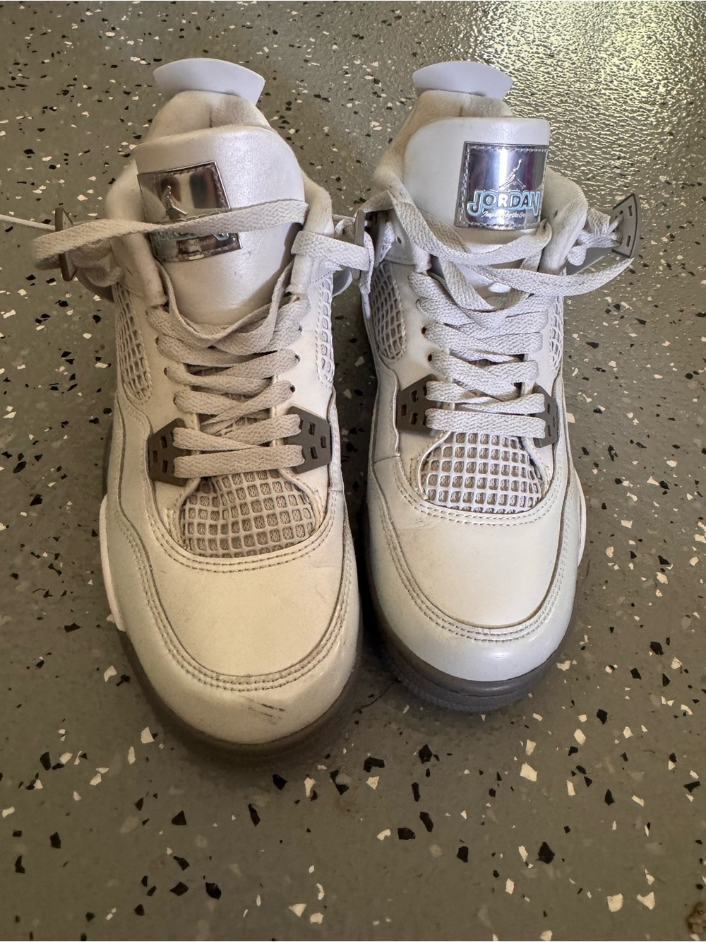 Jordan Retro 4 Boys Sneakers in White with Metallic Silver Tabs